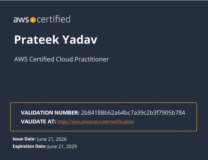 AWS Certified Cloud Practitioner certificate awarded to Prateek Yadav