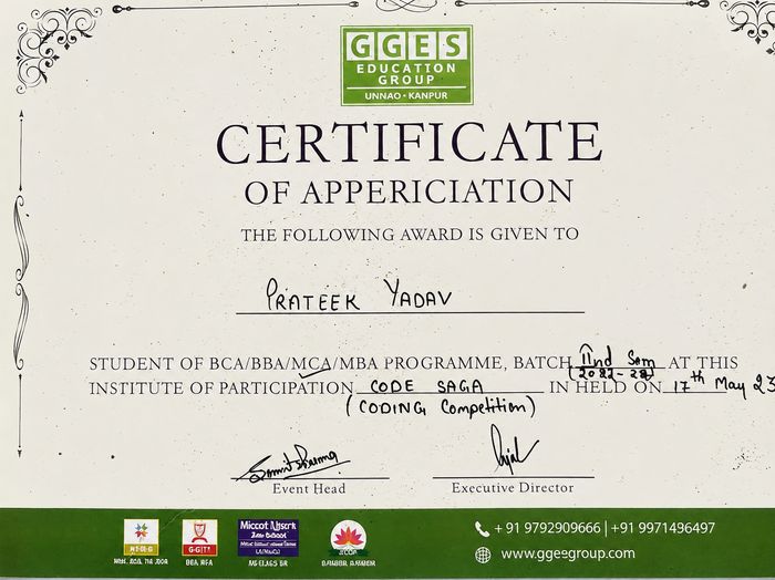 Certificate of appreciation for the Code Saga coding competition