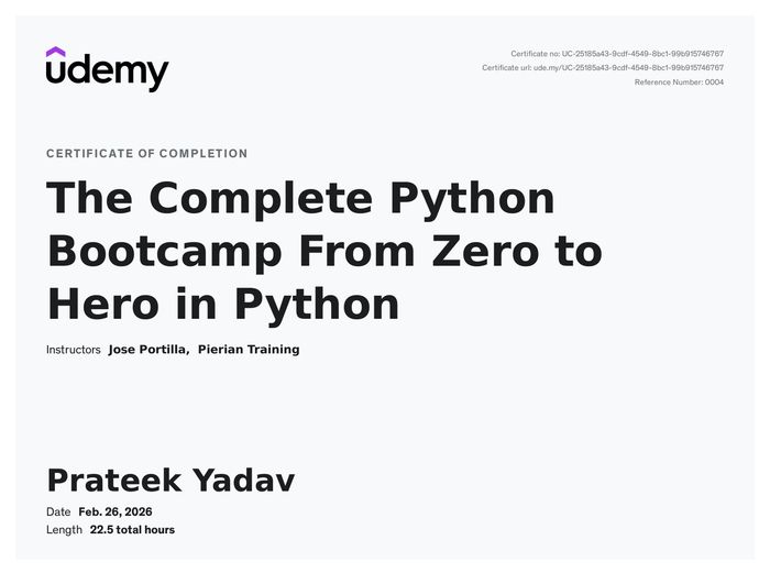 Udemy Python Bootcamp certificate awarded to Prateek Yadav